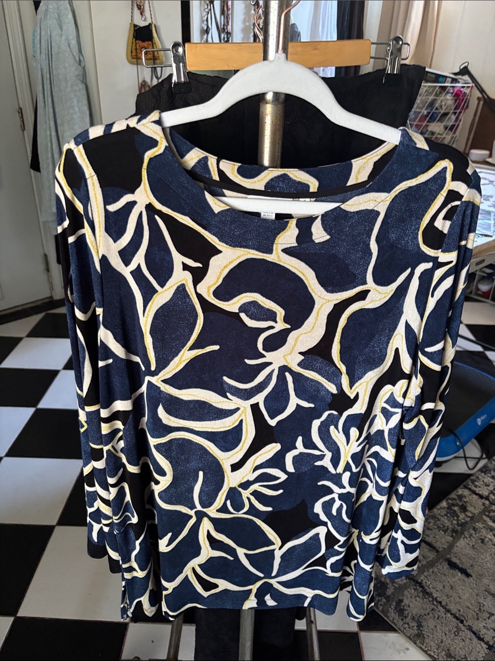 Chicos Travelers Long Sl Pullover Top Sz 3 (XL) Black/Scandi Blue Long Sl NWOT